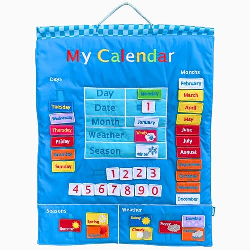 Light Blue Fabric My Calendar Wall Hanging by Fiesta Crafts - Change daily to learn the days and months - Beautifully embroidered wall chart- wonderful decoration and educational resource (Light Blue)