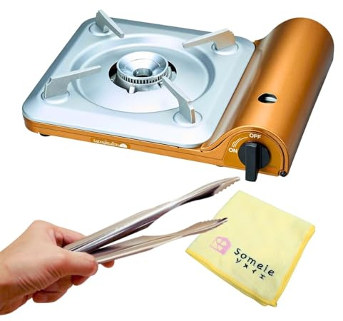 Stufa a butano portatile Tatsujin SlimCB-TS-5 e pinze in acciaio inox e asciugamano in microfibra - Made in Japan | Fornello a butano a bruciatore singolo