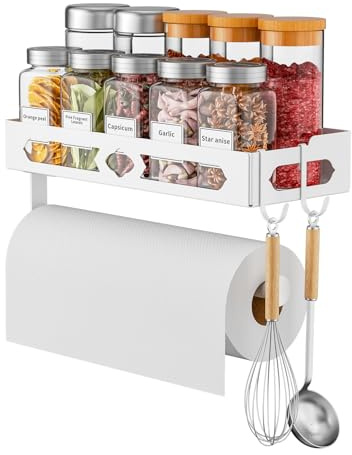 BOIVSHI Gewürzregal Wand mit Küchenpapierhalter - Küchenregal Wand mit Haken, Wandregal Küche,Gewürz Organizer Gewürzaufbewahrung Weiß