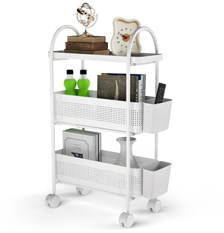 Levede 3-Tier Premium Metal Storage Trolley with Pull-Out Baskets, Narrow Rolling Cart on Wheels for Kitchen, Fruit & Vegetable Organizer, Multifunctional White Shelving Unit