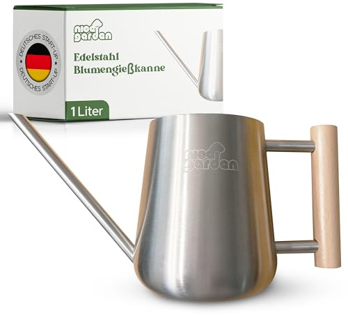NICEGARDEN regadera Plantas de Acero Inoxidable 1 L | regadera de diseño con asa de Madera | Extra Estable y Elegante Piso, casa, jardín y balcón