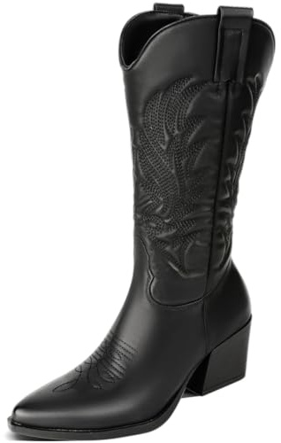 Genesandro Bottes de cowboy pour femme avec talon bloc de 6 cm, bottes western en cuir synthétique avec tige moyenne, bottes de cowboy confortables pour l'automne et l'hiver au look vintage tendance