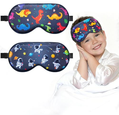 BeeVines Sovmask i 100% äkta mullbärssilke för barn, 2pack, originaldesign | sovande ögonmasker i rent siden för pojkar, hudvänligt mörkläggande ögonskydd, justerbar rem, minskar puffiga ögon