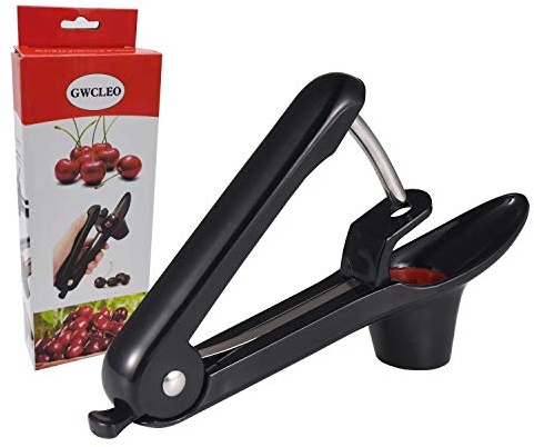 GWCLEO Snocciolatore Ciliegie, Manuale Levatorsoli da Ciliegia con Bastone in Acciaio Inox, Maniglia in Plastica e Supporti per Frutta in Silicone, Denocciolatore Ciliegie per Marmellata(Nero)