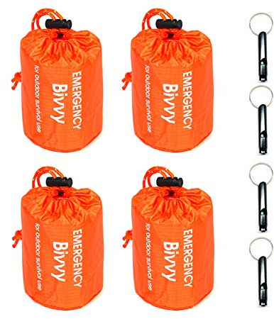 GOGOOD 4 Pack Emergency Bag Survival Bivvy Sack with Whistles, Lightweight Portable Emergency Supplies for Outdoor Camping Hiking Keep Warm After Earthquakes, Hurricanes Disasters