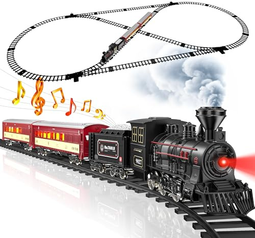 Hot Bee Train Set - Metal Train Toys with Luxury Tracks and Glowing Passenger, Christmas Train Sets for Around The Tree with Smokes, Lights & Sound, Toy Train Set for 3 4 5 6 7+ Years Old Boys Gifts
