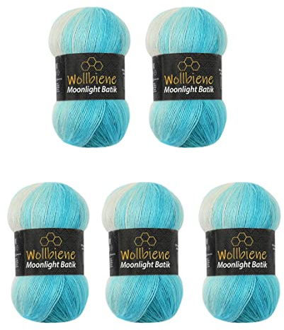 Wollbiene Moonlight Batik, 5 gomitoli di lana da 100 g, 500 g, per lavorare a maglia e all'uncinetto, 20% lana turca, colore sfumato (5200 turchese, bianco)