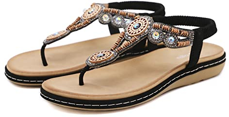 FOGOIN Sandals Womens Ladies Flat Toe Post Bohemian Sandals | Summer Flip Flops, PU Leather, Comfortable, Lightweight, Non-Slip, Walking Sandals, Thongs Beach Shoes