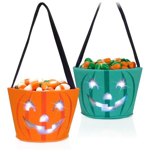 com-four® 2X Bolsa de Halloween con iluminación LED, Bolsa para Recoger | bolsa de recolección hecha de fieltro - bolsa de regalo con motivos de miedo para niños
