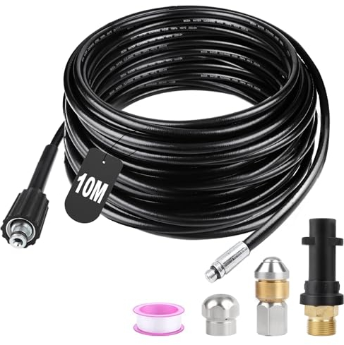 SWAWIS Manguera Limpieza Tuberías 10M 180 Bar Manguera Hidrolimpiadora Manguera Desatascador Tuberias a Presion con Boquillas Rígidas + Giratorias, Adaptador para Kärcher K2 K3 K4 K5 K6 K7