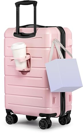 KYME Carry On Luggage 22x14x9 Airline Approved Hardshell Carry On Suitcases with Wheels Travel Rolling 20 Inch Luggage with Cup Holder for Women,Carry-on Pink
