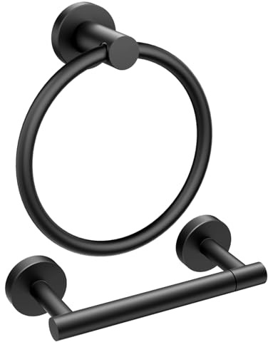 FORIOUS Toilet Paper Holder Wall Mount, SUS304 Stainless Steel Double Post Pivoting Tissue Roll Holder and Hand Towel Ring Set for Bathroom, RV, Bathroom Hardware Accessories Set, Matte Black