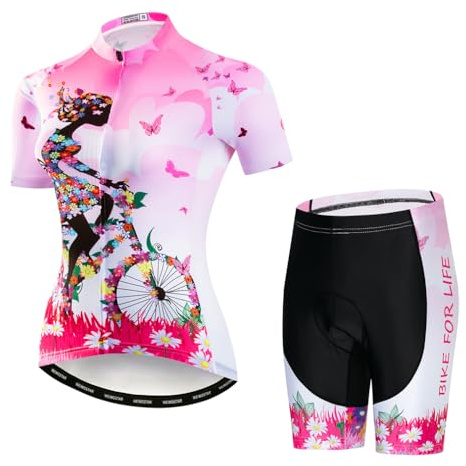 Cycling Jersey Set Road Women Short Sleeve Bike Clothing Shirts Bicycle Top with Shorts Suit Pink White L