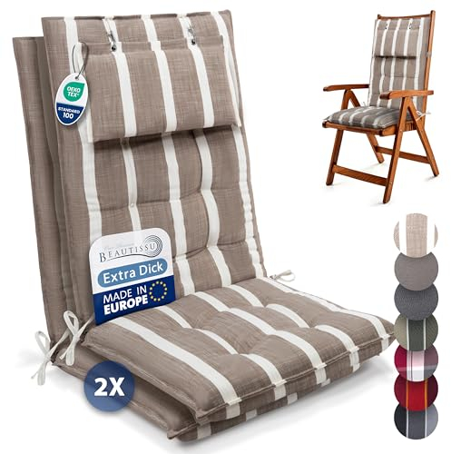 Beautissu Set 2 Premium Cojin Silla Jardín con Respaldo Alto y Almohadilla 120x50cm Sun-HL – Resistencia UV 8cm Grosor Acolchado Cojín Exterior con Respaldo Antideslizante – Rayas Beige Blanco