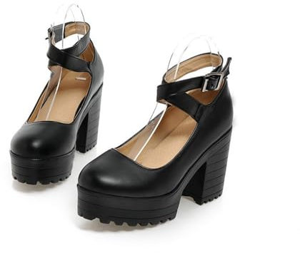 ENWIND Mary Jane Heels for Women Closed Round Toe Chunky Lug Sole Pump with Adjustable Strap Block Heel Wedding Party Dress Shoes,Black,6 UK