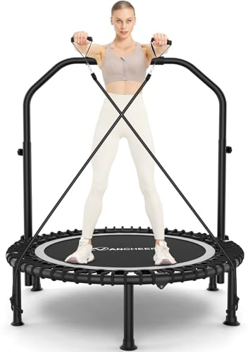 ANCHEER 48 Foldable Mini Trampoline - Max Load 350lbs - 450lbs Indoor Exercise Equipment - with 4 Level Adjustable Foam Handle and Resistance Bands - Adult Exercise Rebounder Trampoline for Home
