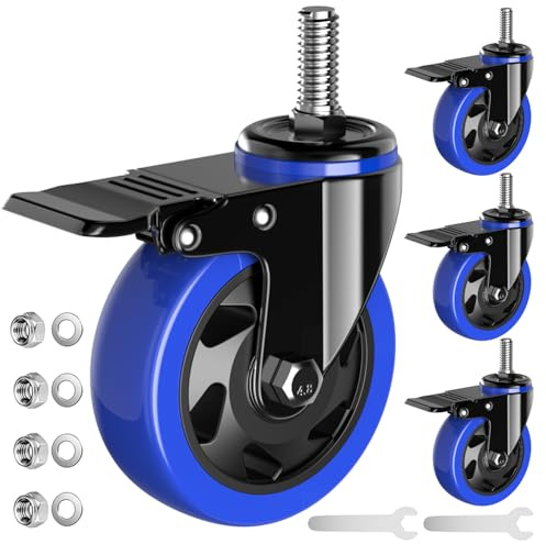 4 Inch Caster Wheels Heavy Duty Stem Caster 2000Lbs, Threaded Stem Casters 1/2-13 x 1(Stem Diameter 1/2, Stem Length 1), Swviel Locking Caster Set of 4, Industrial Castor Wheels for Cart,Furniture