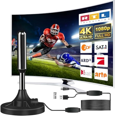 DVB-T2 Antenne mit Verstärker für Innen – Zimmerantenne für Fernseher, DVB-T/T2, TV Antenne 4K UHD Full HD, 360° Empfang bis 500 km, kostenlose Sender