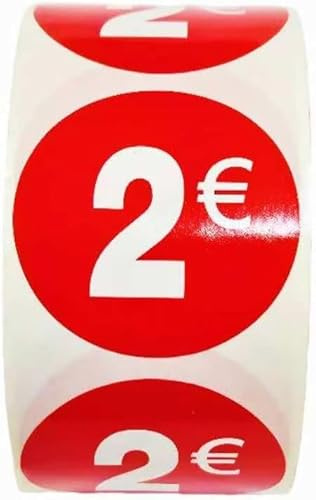 3 rollos de etiquetas de precio '2€' para productos rebajados | 1.500 pegatinas autoadhesivas de descuento en color rojo brillante | Pegatinas redondas para etiquetar ofertas de Ø35 mm (2€-3)
