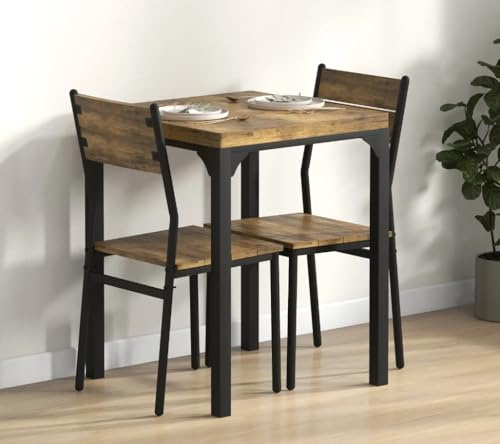 Small Table and 2 Chairs Rustic Kitchen Dining Breakfast Furniture Set Space Saving Compact Farmhouse Vintage Industrial Style Metal Square Diner Room