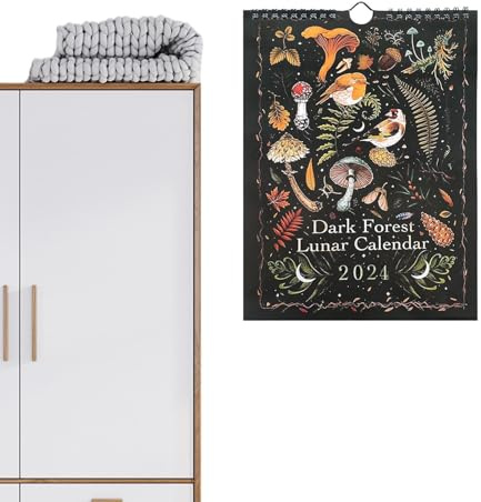 Calendario lunar de pared oscuro, calendario 2024 con 12 ilustraciones de animales, calendarios de pared artísticos para el hogar, decoración colgante estética para los amantes de la naturaleza y la