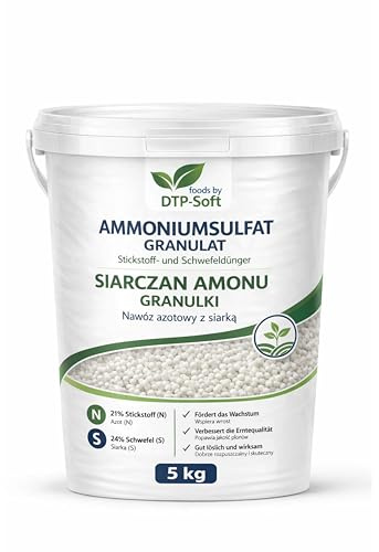 DTP-SOFT Ammoniumsulfat 5kg - Stickstoffdünger und Schwefeldünger im Eimer - Ammoniumsulfat Dünger für Heidelbeeren, Moorbeetpflanzen, Rhododendren, Azaleen und Gartenpflanzen - Dünger für kräftiges W