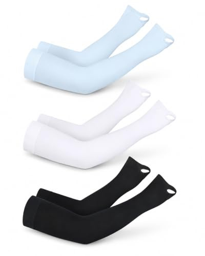 BTACGWP 3 Paires Manchettes de Bras Anti-UV, Tissu Rafraîchissant & Respirant, Protection Tattoo Anti-Sueur, Parfait Pour Running, Vélo & Gaming Unisexe Blanc Noir Bleu