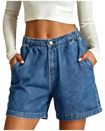 Pantalones Cortos Elástico Mujer Vaqueros Pierna Ancha con Cintura Alta Verano Casual Vaqueros Estilo Casuala Pantalones Cortos Elegantes con Bolsillos Jeans
