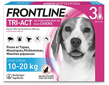 FRONTLINE Tri-Act Chien - Anti Puces, Tiques, Moustiques, Phlébotomes & Mouches - chien Moyen De 10 à 20 kg -Fabriqué En France- 3 Pipettes Application Spot On