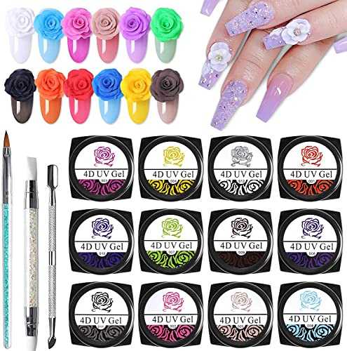 Kalolary Sculpture Carved Nail Gel Set, 12 Color Sculpture Carved Gel Nail Polish with 1pcs Nail Art Sculpture Pen, 1pcs Double-ended Nail Cuticle Pusher Cutter and a Nail Carving Brush