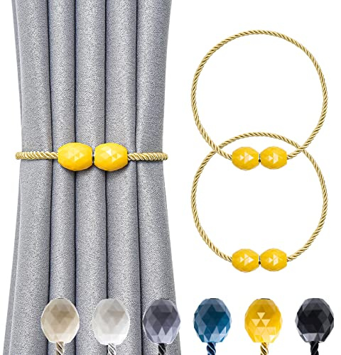 Pretty Jolly Fermatenda magnetica per tenda in corda intrecciata a mano, elegante tenda decorativa in poliedro per la casa e l'ufficio, 2 pezzi, colore giallo
