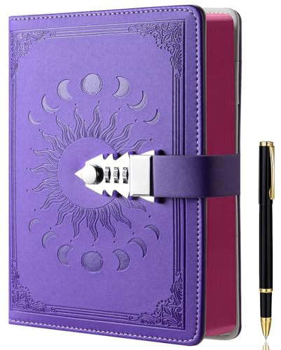 ZXHQ Lock Diary with Pen Set, A5 240 Pages Secret Lockable Journal, Personal Planner Organizer Notebook, Colorful Spray Edge, Size A5(8.5 × 5.9) Purple