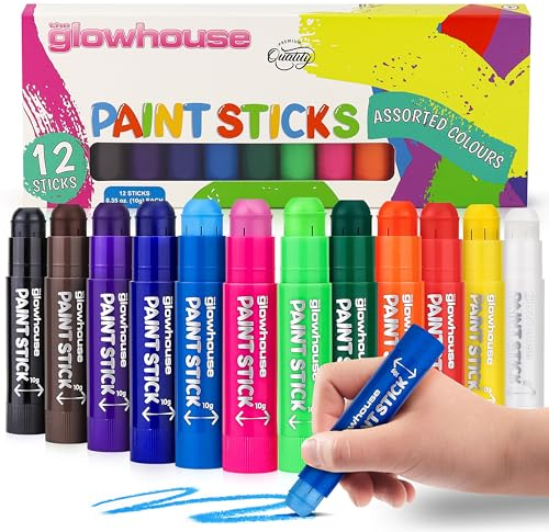 The Glowhouse Tempera Paint Sticks Classic Colours 12 Pack - Non-Toxic, Washable, No Mess, Multi-Colour Paint Sticks for Kids, Pack of 12, Perfect for Creative Art Projects