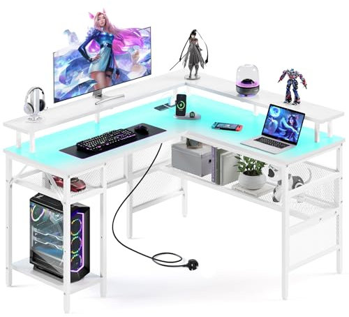 Yornoli L Shaped Gaming Desk with Led Lights&Power Outlet, 140cm Corner Gaming Desk for Home Office Computer Desk with Monitor Stand & Storage Shelves, White