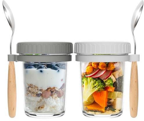 2-pack övernattningsburkar med lock och sked, 350 ml lufttäta frukostburkar med mätmärken, 350 ml havrebehållare för sallader spannmål mjölk gröt frukt chiafrö puddding yoghurt vit och grå