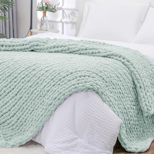 Bigacogo Tjock stickad filtöverkast 102 cm x 203 cm, 100 % handstickad chenille prydnadsfilt, stor mjuk tjock garnkabel stickad filt, stor repknut virkad filt för bäddsoffa (mint)
