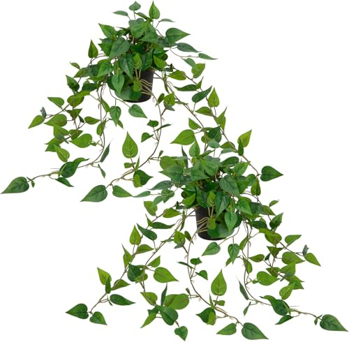 Oairse Set of 2 Artificial Plants in Pots Fake Trailing Plants String of Plants Decorative Fake Potted Plants Faux Pothos for Indoor Outdoor Home Office Bathroom Kitchen Shelf Decor
