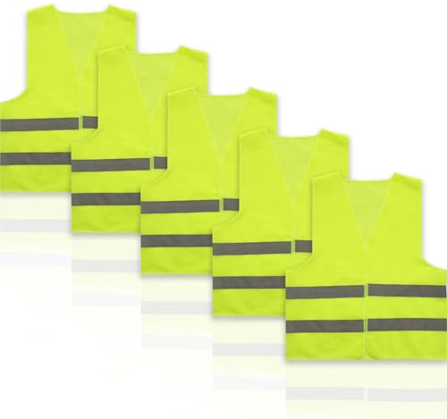 zzmorni Pack of 5 Lightweight Hi Vis Vests,High Vis Vests Safety, Reflective Stripe Hi Vis Jackets Set, 360° Reflective Safety Vest for Adults, for Drivers, Security, Workwear, Mens Womens