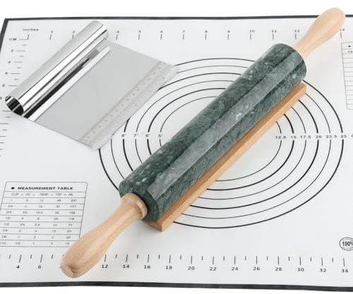 Koville Indian Natural Marble Rolling Pin, Non-Stick Polished Dough Roller, Pasta, Dumpling, Fondant, Pie Crust, Bread, Pizza Dough, Kitchen Baking Pastry Tools with Mat/Scraper(Indian Green)