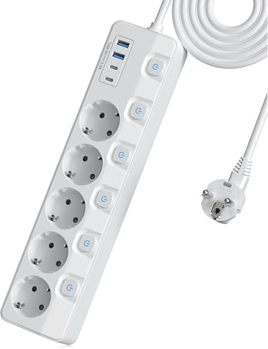 Ciabatta elettrica a 5 prese, con 4 USB, con protezione da sovratensione, commutabile singolarmente, multipresa piatta con interruttore, montaggio a parete, durata, ufficio, cucina, tavolo da 2 m