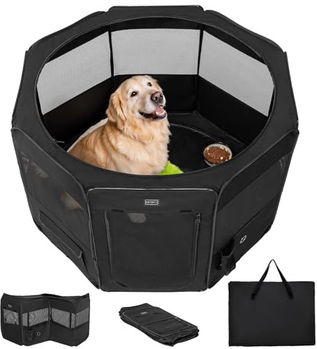 PETSFIT Enclos pour Chien d'intérieur avec Fond Anti-Fuite - Pliable - Enclos pour Chiot - Design Anti-Mastication - Parc intérieur - 116 x 106 x 72 cm - Noir