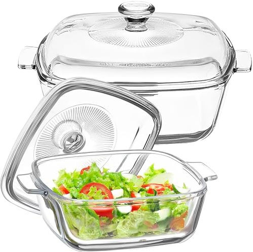 Set di 2 pirottini in vetro con coperchio, in vetro borosilicato con manico, in vetro con coperchio in vetro, adatti al forno, 1,5 l/0,8 l, per forno, microonde, friggitrice ad aria calda e cucina