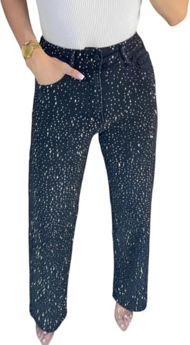 DSXH Jeans Dritti con Dettagli Strass, Jeans da Donna con Strass, Vita Alta, Jeans Elasticizzati con Decorazione Strass, （Nero, L）