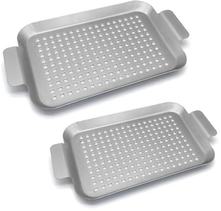 2 bandejas de metal para asar al aire libre con agujeros y asa, bandeja para hornear galletas, bandeja de metal para parrilla