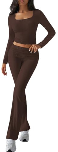 ticticlily Tute Donna 2 Pezzi Tuta Sportiva Pantaloni Vita Alta und Top Maniche Lunghe Aderente Completo da Yoga Jogging Fitness Lounge Set Completi Sportivi A Marrone M