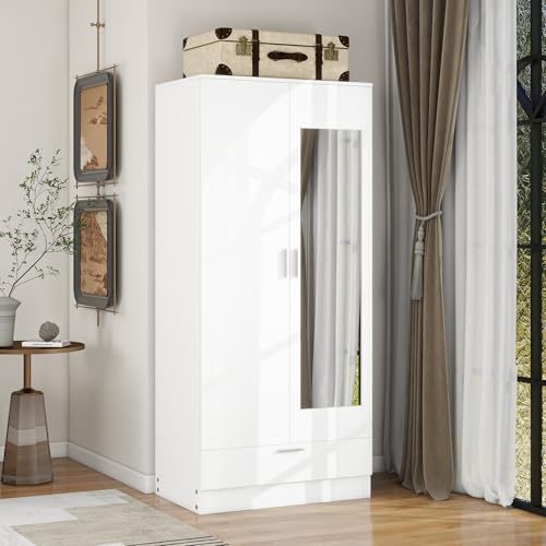 Panana Modern 2 Doors 1 Drawer Wardrobe Double Wardrobe with Mirror Hanging Rail Bedroom Furniture, 31.5 x 19.7 x 72 (White)