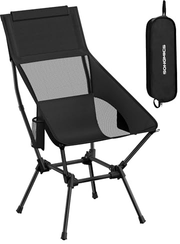 SONGMICS Campingstuhl, Strandstuhl hohe Rückenlehne, Gartenstuhl klappbar, höhenverstellbar, Stahlgestell, bis 150 kg belastbar, 2 Seitentaschen, Kopfstütze, Reisen, schwarz GCB051BZ01