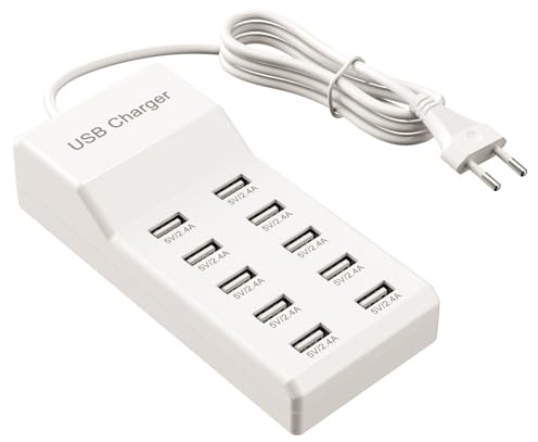 Cargador USB múltiple, 50 W, 10 puertos, fuente de alimentación USB, estación de carga multipuerto, concentrador USB compatible con iPhone 12/13/14/15/16/Galaxy S23/S24/S25/Huawei/Oppo/OnePlus.