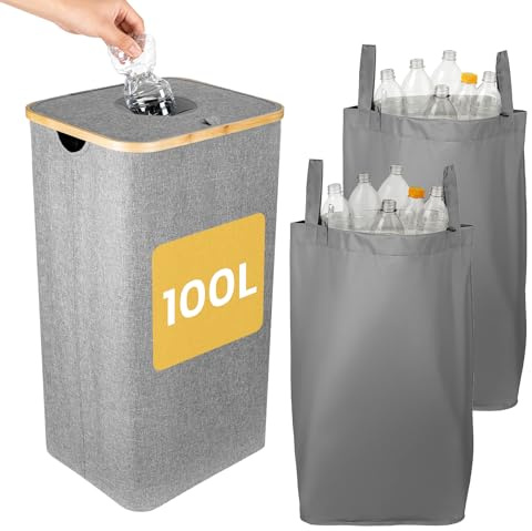 GREENSAPPIRE 100L Bottle Recycling Bin with Lid, Large Deposit Bottle Storage Box with Silicone Drop-In Hole, Double Removable Laundry Bags, Heavy-Duty Oxford Fabric Bottles Collector for Home