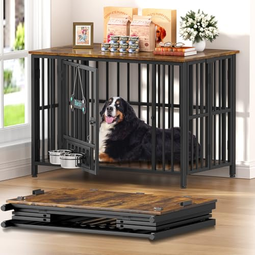Easycom Foldable Dog Crate Furniture for Large Dogs 35-60 lb, Rustic Brown